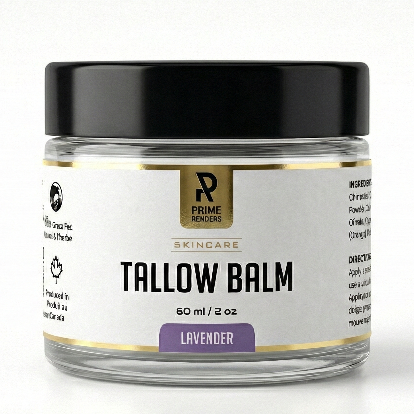 Jar of lavender scented beef tallow balm with a black lid on a white background