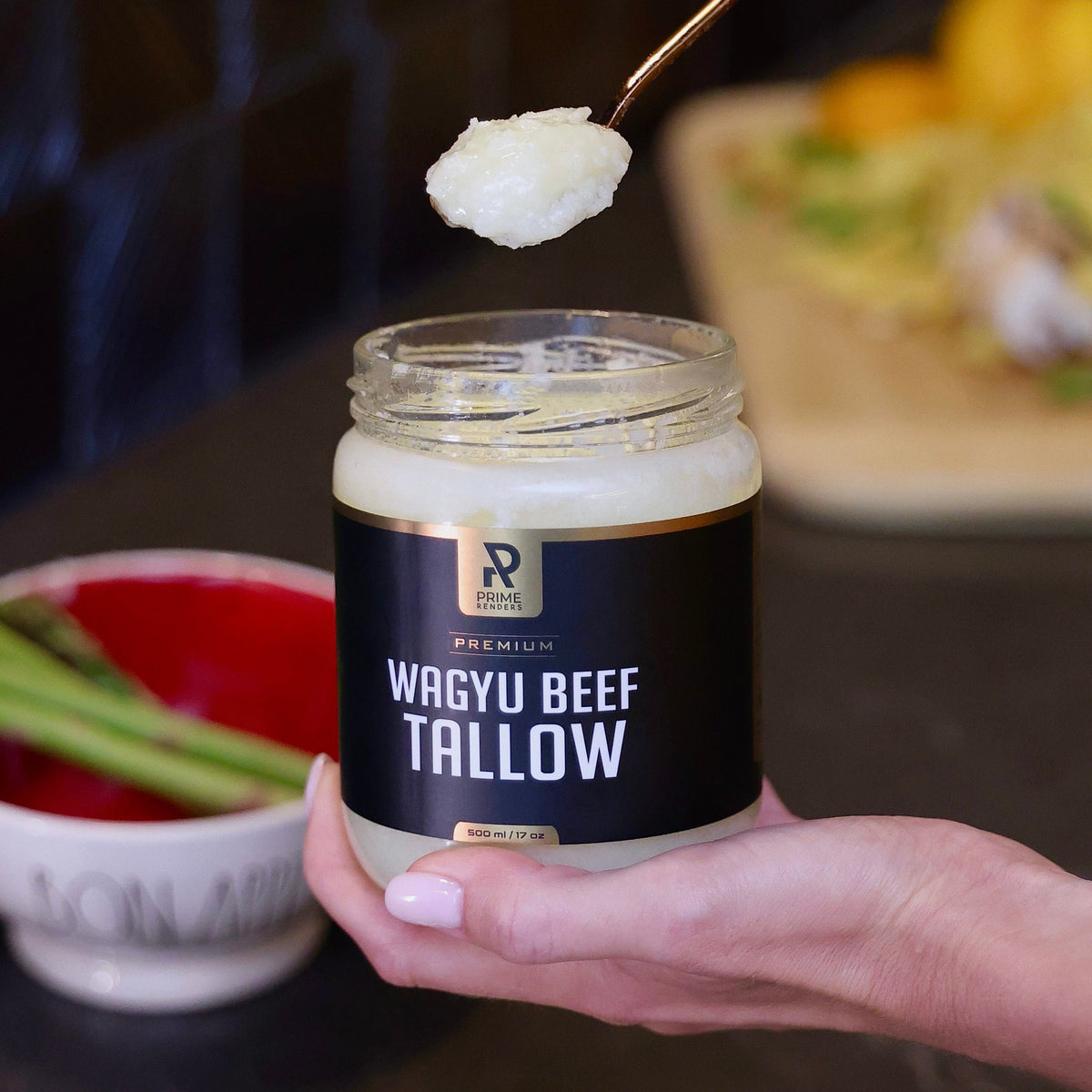 using wagyu beef tallow cooking fat oil on the kitchen counter