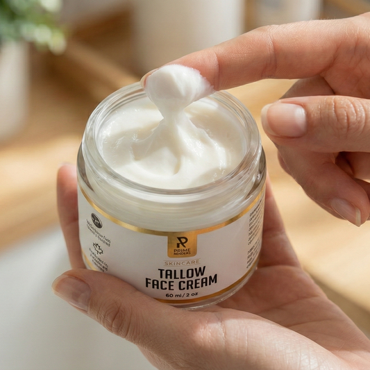 Hand holding a jar of Tallow Face Cream made from prime renders grass-fed beef tallow.