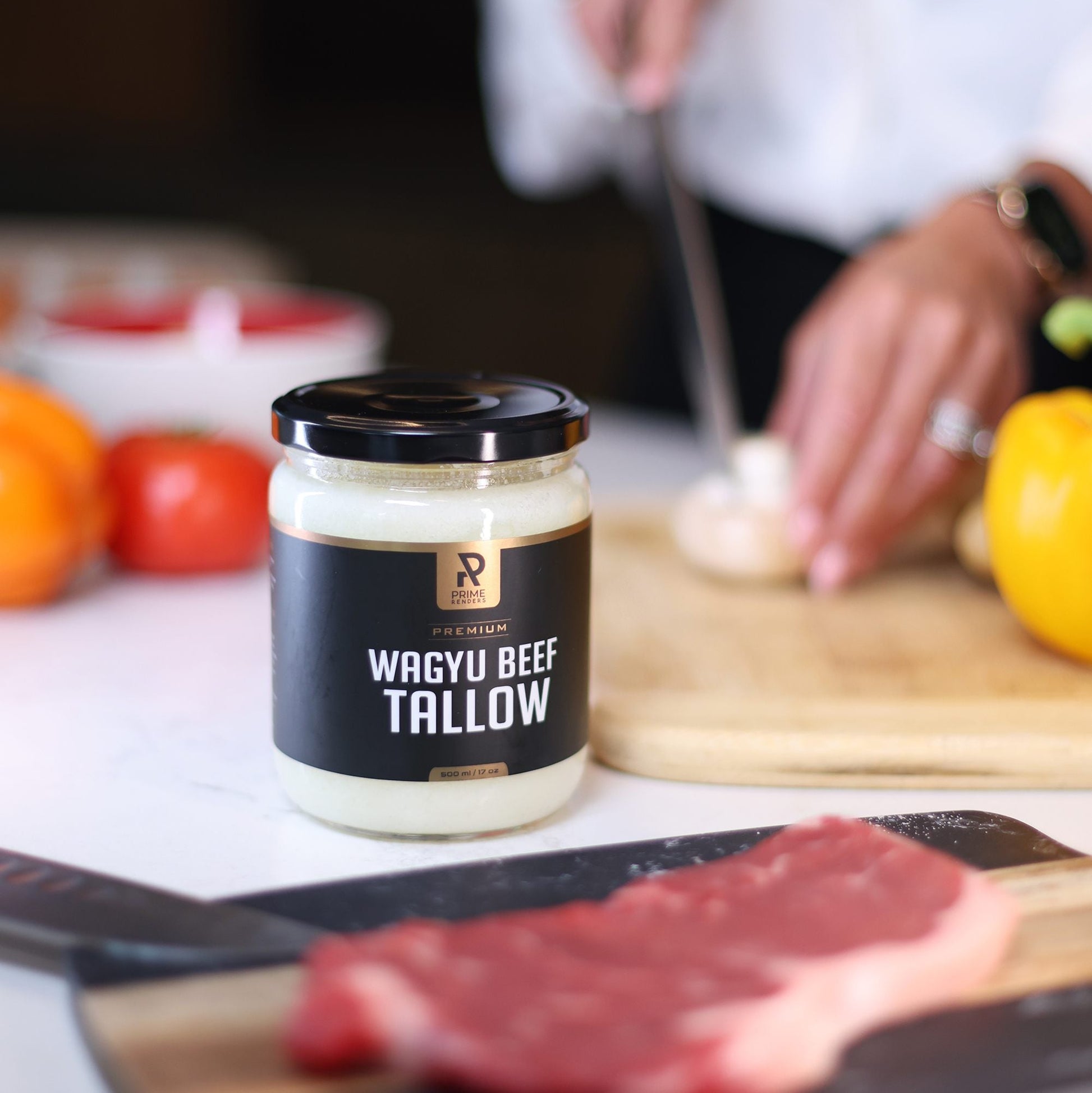 Wagyu beef tallow cooking oil jar on kitchen table