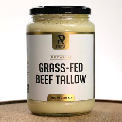 Jar of grass-fed beef tallow with a visible label on a white background