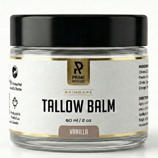 Jar of vanilla scented beef tallow balm with a black lid on a white background