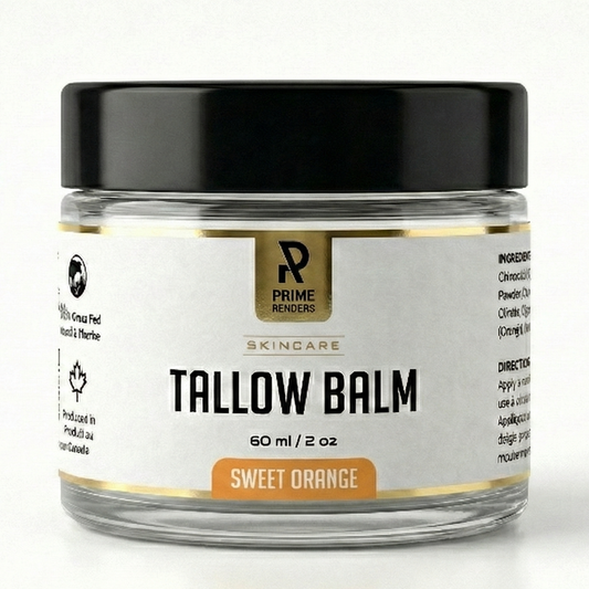 Jar of sweet orange scented tallow balm with a black lid on a white background